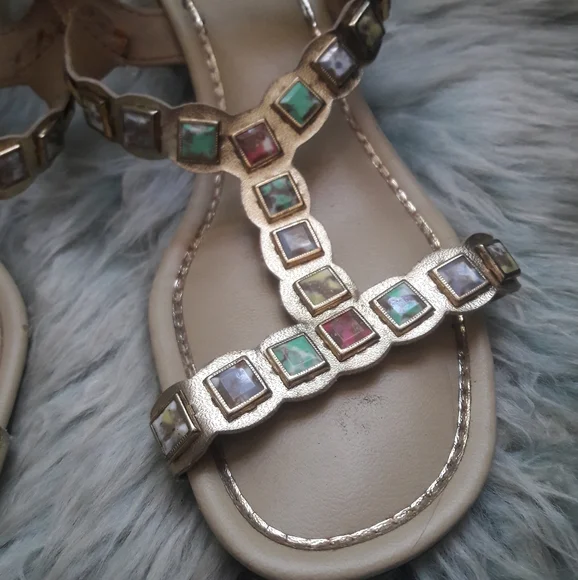 60s Vintage Mod Multi Colored JEWEL Studded Gold Lame Block Heel Sandals Size 7 - Picture 12 of 16